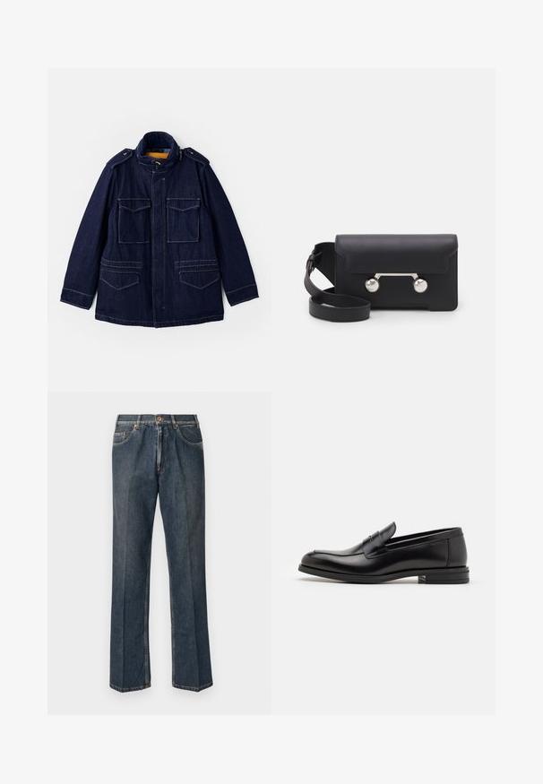 Chaqueta de mezclilla en azul oscuro con cuello alto, dos bolsillos en el pecho y dos bolsillos laterales. Presenta un forro amarillo y hombreras.; Suéter de punto color crema con cuello de polo, puños y dobladillo acanalados, que presenta un tapeta frontal y una textura suave.; Camiseta de manga corta azul marino con el texto blanco "neanche per sogno" centrado en el pecho, cuello redondo, tamaño mediano.; Vaqueros de mezclilla de pierna recta en azul oscuro con botón frontal, cremallera, dobles bolsillos frontales y pliegues verticales visibles a lo largo de las piernas.; Mocasines de cuero negro con una textura suave, puntera redondeada y una tira decorativa en el empeine. Tacón bajo apilado, diseño minimalista.; Bolso cruzado de cuero negro con cierre de solapa, herrajes en tono plata y dos acentos redondos. Cuenta con una correa desmontable. Textura suave.