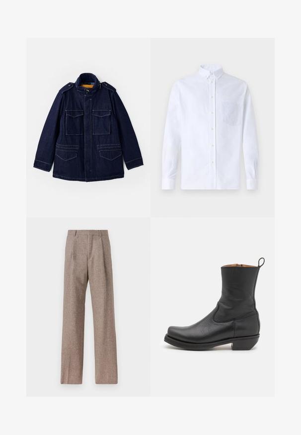 Jeansowa kurtka w ciemnym niebieskim kolorze z kołnierzem stojącym, dwiema kieszeniami na piersi i dwiema kieszeniami bocznymi. Posiada żółte podszewki oraz naramienniki.; Biała koszula z długim rękawem na guziki, wykonana z bawełny, z kieszonką na piersi z tonowym haftem, kołnierzykiem i zapięciem na guziki przy mankietach.; Brązowe, wysokiej talii spodnie wykonane z teksturowanej tkaniny. Posiadają szerokie nogawki i dwa przednie zakładki dla lepszej struktury. Starannie wykończone, bez widocznych elementów metalowych.; Czarne skórzane botki do kostki o gładkiej fakturze, smukłym profilu, bocznych przeszyciach i niskim kwadratowym obcasie. Posiadają pętelkę z tyłu.