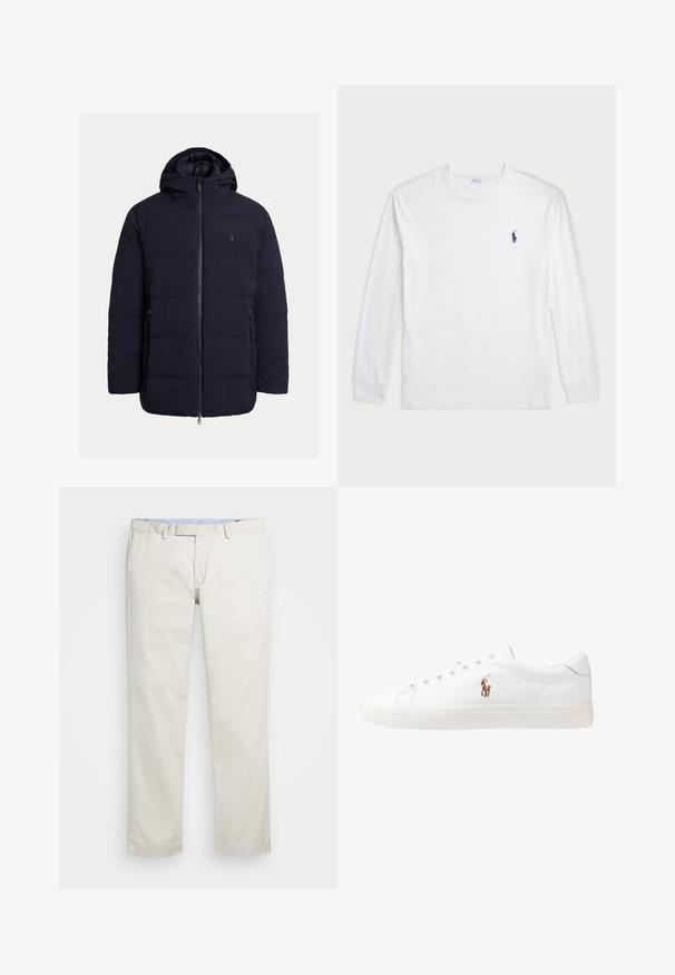 Tamsiai mėlyna pūkinė striukė su užtrauktuku priekyje, gaubtu ir šoniniais kišenėmis. Pagaminta iš glotnios, lengvos medžiagos su siūlėmis padalintais skydeliais.; Balta ilgomis rankovėmis marškinėliai iš medvilnės. Gali būti apvalios formos kaklas, raukšlės ant rankovių, ir nedidelis tamsiai mėlynas polo logotipas kairėje krūtinės pusėje.; Šviesiai rudi medvilniniai chinos tipo kelnės su plokščiu priekiniu dizainu, diržo kilpomis ir šoninėmis kišenėmis. Tiesaus kirpimo dizainas su lygiu paviršiumi ir lengvu, kvėpuojančiu jausmu.; Baltos odinės sportbačiai, žemo profilio, su lygia tekstūra, apvalia nosimi, raištelių sistema priekyje ir mažyte siuvinėta logo šone.
