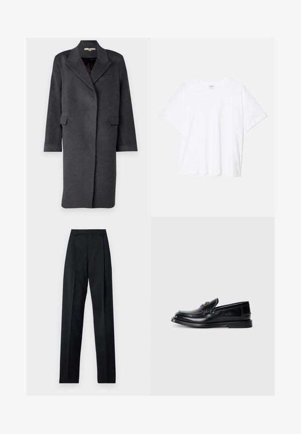 Tumehall villasegu mantell, millel on lõigatud krae, küljetaskud ja pikad varrukad. Omab lõdva istuvust ja minimalistikku disaini.; Valge puuvillane T-särk lühikeste varrukatega, ümmargune kaelus, mugav lõige ja õmmeldud serv. Silt nähtav kaela seest.; Mustad püksid siledast kangast, millel on kõrge vöökoht, laiad jalad, esimesed kortsud ja klassikalised vööloopid. Küljepockets pole nähtavad.; Mustast nahast loafer, millel on õmmeldud muster, väike esiflap ja lame kummist tald. Sujuv tekstuur kuldse viimistlusega.