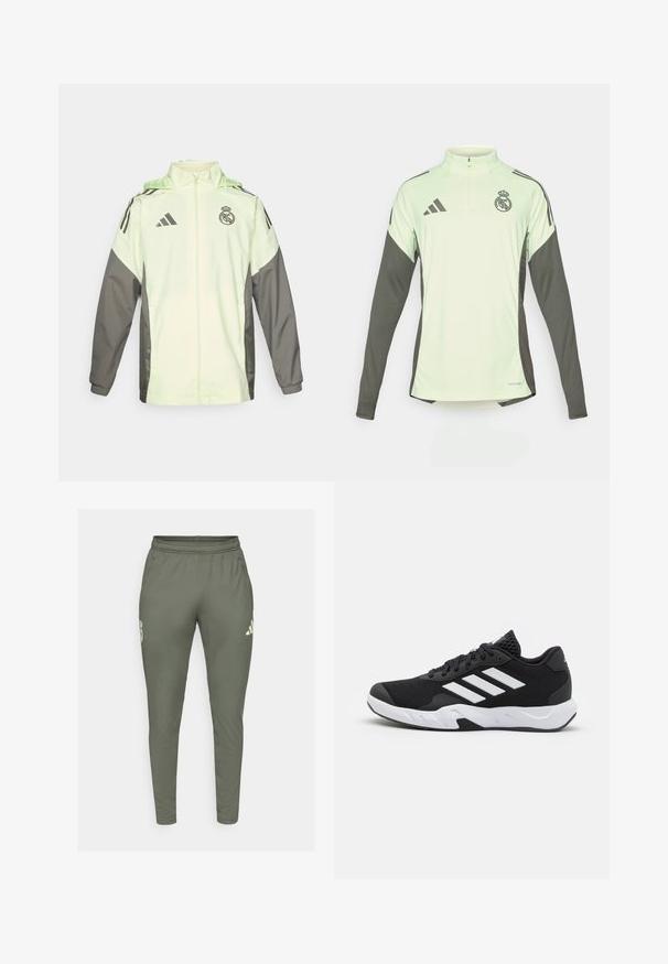 Casaco verde claro e cinza com fecho de zippers, capuz e cordões ajustáveis. Apresenta três riscas pretas em cada ombro e um logotipo.; Jersey de manga longa verde-claro com detalhes cinza-escuro, decote com fecho de meia zíper e logo do Real Madrid. Feito de tecido respirável.; Calças de treino verde-oliva com um corte ajustado, cintura elástica e bolsos laterais. Tem um logótipo na coxa esquerda e detalhes em contraste.; Tenis negros desportivos com um superior em malha texturizada, riscas brancas de destaque, sola acolchoada e um calcanhar reforçado para suporte.