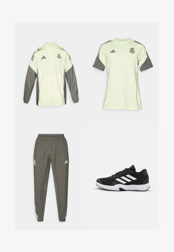 Lys grøn og grå jakke med lynlås, hætte og justerbare snore. Har tre sorte striber på hver skulder og et logo.; Lys grøn kortærmet trøje med grå detaljer, sort logo og striber. Lavet af åndbart materiale, designet til sportsbeklædning.; Grå træningsbukser med elastisk talje, med en tekstureret overflade og kontrasterende grønne sidetryk. Inkluderer et logo-design.; Sorte atletiksko med en tekstureret mesh-overdel, hvide accentstriber, en polstret sål og en forstærket hæl for støtte.