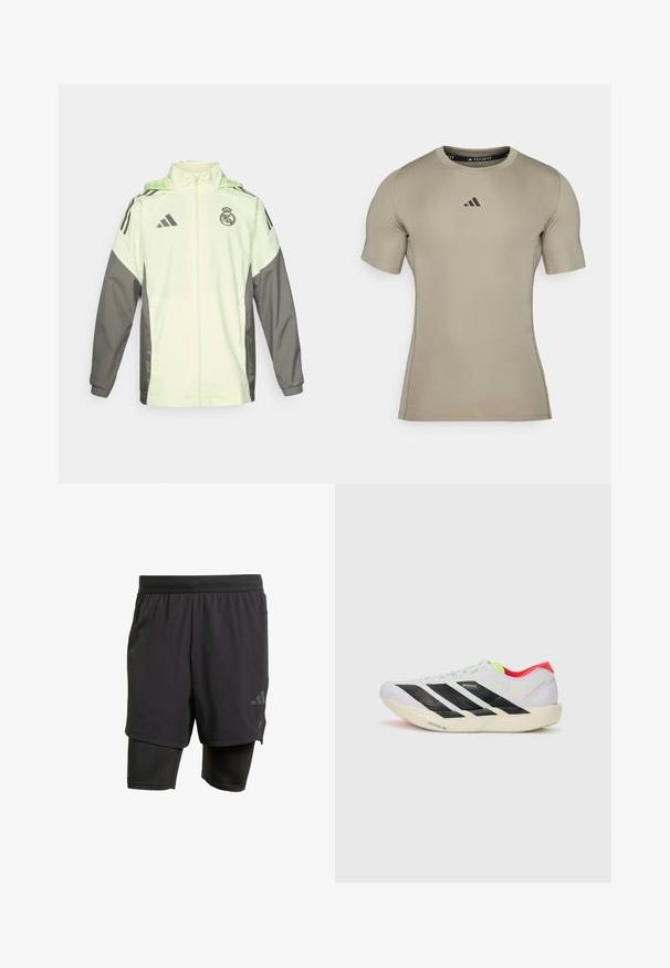 Svijetlo zelena i siva jakna s zatvaračem, kapuljačom i podesivim vezicama. Ima tri crne pruge na svakom ramenu i logotip.; Udobna sportska majica kratkih rukava u svijetlosmeđoj boji, izrađena od glatkog, rastezljivog materijala. Ima crni logotip na prsima i okrugli izrez.; Crne atletske šortse s integriranim unutarnjim slojem, izrađene od prozračnog materijala. Sadrže suptilan logo i strukturiranu teksturu. Podesivi pojas.; Bijela trkačka cipela s crnim prugama, neon zelenim naglascima i crvenim petom. Ima lagani dizajn i teksturiranu potplat za bolji grip.