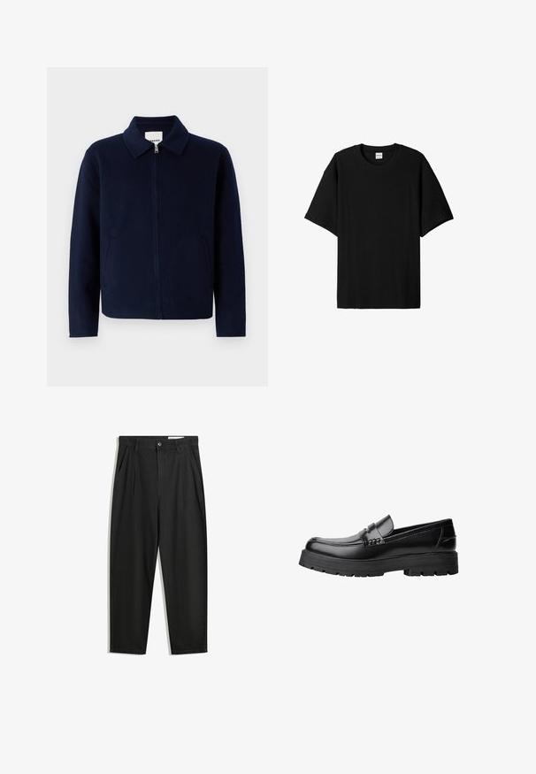 sandro JACKET DOUBLE FACE - Lichte jas - bleu royal; Zwarte geribde T-shirt met korte mouwen en een ronde hals, met een relaxte pasvorm en een gestructureerd oppervlak. Eenvoudig ontwerp; geen graphics of accenten.; Zwarte katoenen broeken met een losse pasvorm, voorzien van een klassieke tailleband, voorplooien en zijzakken. Gladde structuur zonder patronen.; Zwarte leren loafer met een chunky profielzool en een decoratieve band over de bovenkant, weergegeven in het linkerzijprofiel op een witte achtergrond.