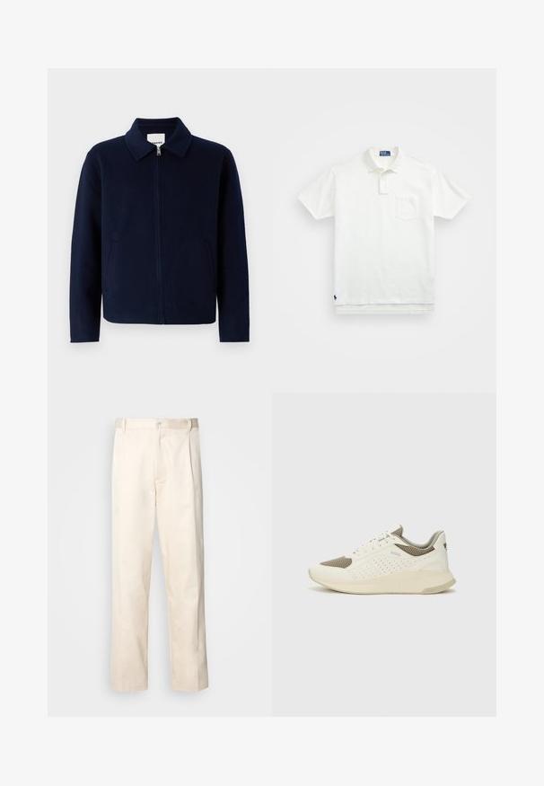 sandro JACKET DOUBLE FACE - Vasaras jaka - bleu royal; Balta polo krekls, izgatavots no kokvilnas, ar klasisku apkakli, trīs pogu aizdari un kreisajā krūtī kabatu; neliels logo apakšmalā.; Bežā krāsā auduma bikses ar taisnu kāju griezumu, pievienotām pogu aizdares un priekšējiem krokām papildu detaļām.; Baltas un gaiši bež sporta apavi, ar sieta augšdaļu, perforētiem detaļām un teksturētu vidusdaļu ar zīmolu uz papēža.