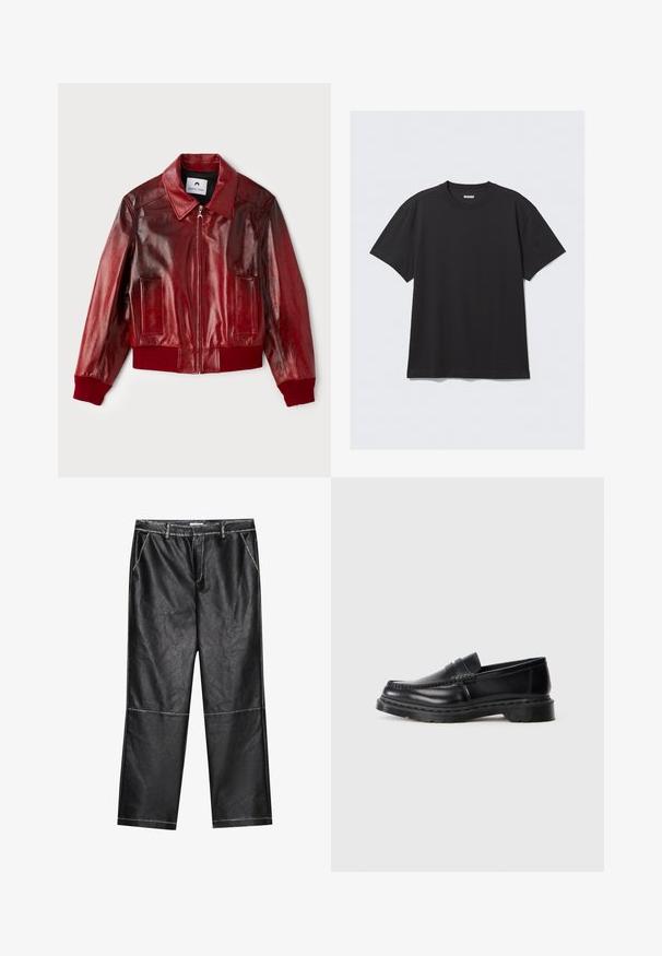 Červená kožená bombardérka s lesklým povrchem, žebrovanými manžetami a spodním lemem a dvěma předními kapsami. Obsahuje špičatý límec a zipové zapínání.; Černé krátké tričko s krátkým rukávem vyrobené z bavlny. Má kulatý výstřih a volný střih. Jednoduchý design bez viditelných vzorů nebo akcentů.; Černé kalhoty z faux kůže, široké nohavice, s detaily šití a předními kapsami, s hladkou, mírně lesklou texturou.; Pánské černé kožené penny loafery s robustní podrážkou a šitím na špici, zobrazené v profilu na bílém pozadí.