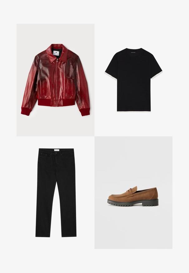 Raudona odinė bomber tipo striukė su blizgiu paviršiumi, guma apdailintais rankogaliais ir apatine dalimi, bei dviem priekinių kišenių. Savybė - smailus apykaklė ir užtrauktukas.; Juodas trumpomis rankovėmis marškinėliai su tekstūruota medžiaga, su baltais akcentais ant rankogalių. Apvalus iškirpimas, laisvas siluetas.; Juodos tiesios kojų džinsai su penkių kišenių dizainu, mygtuko ir užtrauktuko uždarymu bei "Pier One" prekės ženklo etikete ant juosmens.; Rudos zomšos loafer'iai su apvaliu pirštu ir žemu juodu guminio pado, su dekoratyviniu dirželiu ir siuvinėjimo detalėmis ant viršaus.
