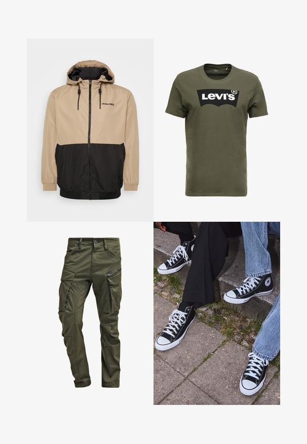 Giacca a blocchi di colore beige e nera con cappuccio, chiusura con zip, polsini elasticizzati e orlo regolabile con cordino; presenta il logo "JACK&JONES" sul davanti.; T-shirt di cotone verde oliva con un grande logo nero di Levi's sul davanti. Collo girocollo classico e maniche corte, consistenza liscia.; Pantaloni cargo verde oliva realizzati in cotone robusto. Presentano numerose tasche, una tasca laterale con zip e gambe affusolate con una finitura leggermente strutturata.; Sneakers alti neri in tela con suole e lacci bianchi, dotati di un logo circolare di lato e abbinati a pantaloni in denim e neri.