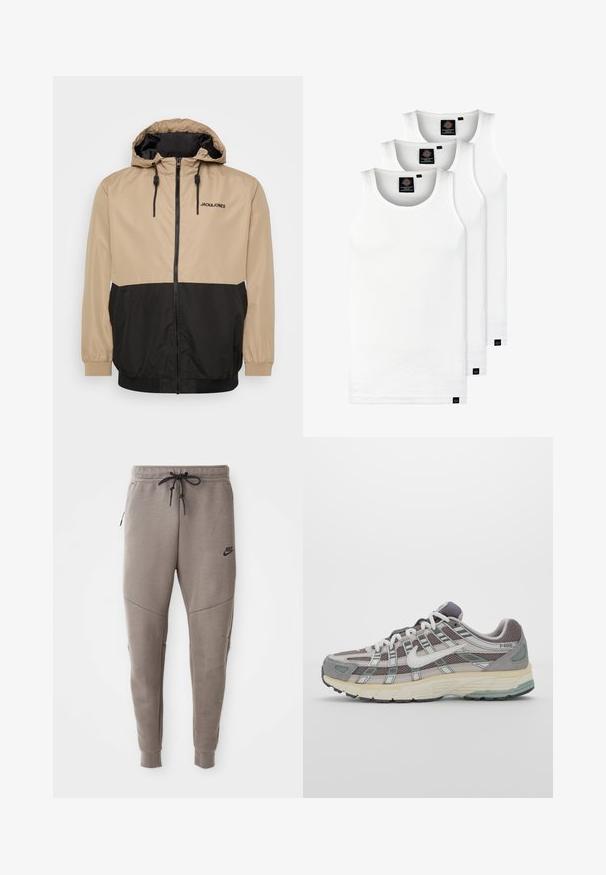 Beige and black color-blocked jacket with a hood, zip closure, elastic cuffs, and a drawstring hem; features "JACK&JONES" logo on front.; Three white ribbed tank tops made of cotton. Features a crew neck and small black labels near the hem. Available in multiple sizes.; Gray Nike sweatpants with a drawstring waistband, tapered legs, side pockets, and distinct seam detailing. Soft, textured fabric.; Gray athletic shoe featuring a mesh and suede upper, white accents, a cushioned sole, and a distinctive design with reflective elements.