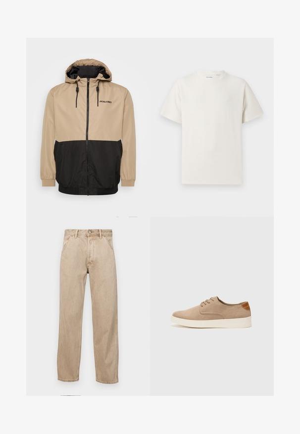 Beige en zwart kleurgeblokte jas met capuchon, ritssluiting, elastische manchetten en een trekkoord in de zoom; heeft het "JACK&JONES" logo aan de voorkant.; Witte korte mouwen T-shirt met ribbelstructuur. Ronde hals, ontspannen pasvorm, geen zichtbare patronen of accenten. Eenvoudig en veelzijdig ontwerp.; Beige denim jeans met een recht gesneden ontwerp, voorzien van voorzakken, een metalen knoopsluiting en een subtiele textuur.; Beige suède sneakers met een ronde neus, vetersluiting aan de voorkant en een getextureerde achteraccent. De witte rubberen zool zorgt voor contrast. Eenvoudig en modern ontwerp.