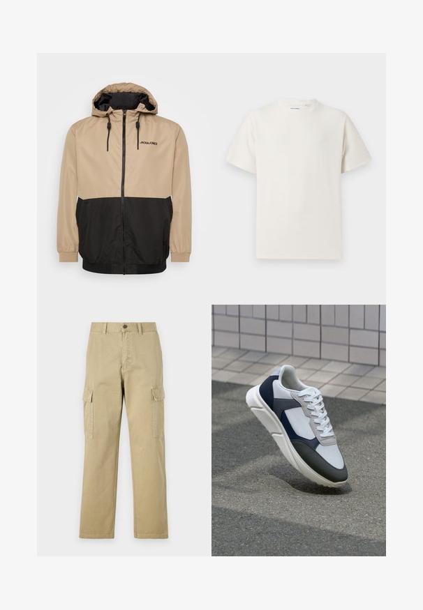 Beige en zwart kleurgeblokte jas met capuchon, ritssluiting, elastische manchetten en een trekkoord in de zoom; heeft het "JACK&JONES" logo aan de voorkant.; Witte korte mouwen T-shirt met ribbelstructuur. Ronde hals, ontspannen pasvorm, geen zichtbare patronen of accenten. Eenvoudig en veelzijdig ontwerp.; Beige cargobroek van katoen, met twee zijzakken, een knoopsluiting en rechte pijpen van een licht gestructureerde stof.; Witte, marineblauwe en grijze sneaker met een gemengde materiaald ontwerp, met een gestructureerde bovenkant, platte veters en een gevoerde zool.