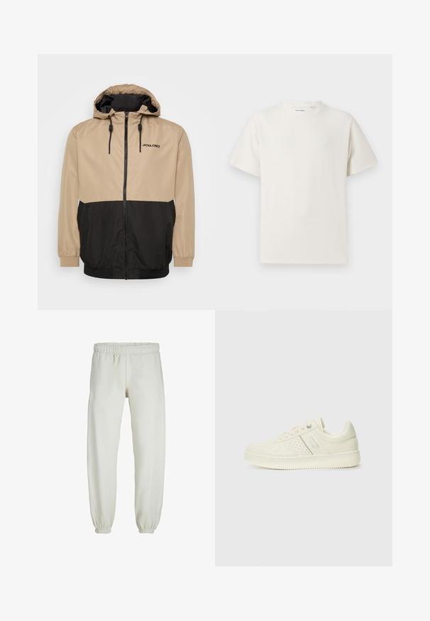 Beige og sort farveblokeret jakke med hætte, lynlås, elastiske manchetter og snor i kanten; har "JACK&JONES" logo på fronten.; Hvid kortærmet T-shirt i ribbet tekstur. Rund halsudskæring, løs pasform, ingen synlige mønstre eller accenter. Enkel og alsidig design.; Hvide sweatpants lavet af blødt stof, med elastisk talje og håndled, der har en glat tekstur og løs pasform.; Cremefarvet sneaker med perforeret detaljering, snørebånd og logo på siden, præsenteret mod en simpel hvid baggrund.