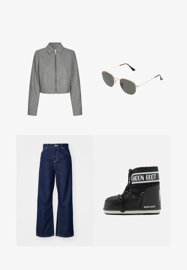 Szara krótka kurtka w jodełkę z długimi rękawami, stożkowym kołnierzem i zamkiem błyskawicznym z przodu. Teksturowana tkanina o dopasowanym kroju.; Biała koszula zapinana na guziki z ostro zakończonym kołnierzykiem, długimi rękawami i małym niebieskim logo na lewej stronie klatki piersiowej. Wykonana z bawełnianej tkaniny.; Spodnie dzwony w ciemnoniebieskim dżinsie, z wysokim stanem, kontrastującym białym szwem i tradycyjnym pięciokieszeniowym wzorem.; Czarne buty Moon Boot z wyściełanym cholewką, zabezpieczone sznurówkami i charakterystycznym białym paskiem z logo. Gruba, teksturowana gumowa podeszwa.; Złote okulary przeciwsłoneczne w stylu aviatora z ciemnozielonymi soczewkami, z wąskimi ramionami i akcentami w panterkę na końcach.; Czarna pikowana torebka na ramię z złotym łańcuszkiem, z charakterystycznym złotym zapięciem i małym tagiem, prezentująca teksturowaną skórzaną powierzchnię.