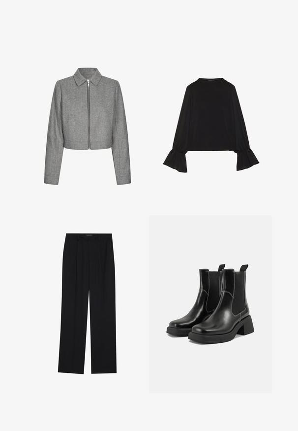 Harmaan herringbone-mallin lyhyet jakut pitkillä hihoilla, teräväkauluksella ja etuvetoketjulla. Teksturoitu kangas, jossa on jämäkkä istuvuus.; Musta pitkähihainen toppi, jossa on levenevät hihansuut, pehmeä rakenne ja rento fit, yksinkertaisella pyöreällä pääntiellä.; Mustat housut suoralla lahkeella, joissa on kaksi etutaskua ja vyötärö. Valmistettu sileästä, kevyestä kankaasta.; Mustat nahkaiset Chelsea-kengät paksulla korolla, joustavilla sivupaneeleilla ja kontrastilla valkoisella ompelulla. Teksturoitu pinta.