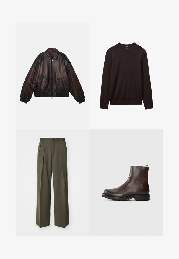 Rjava usnjena bomber jakna z zadrgo spredaj, rebrastimi manšetami in robom, dvema sprednjima žepoma ter oblikovanimi rameni za sproščen kroj.; Reiss Pulover - dark bordeaux; Filippa K WIDE TROUSERS - Hlače - driftwood; Rjave usnjene gležnjarje z gladko teksturo, elastičnimi stranskimi paneli, zanko na hrbtni strani in trdno gumijasto podplatom.