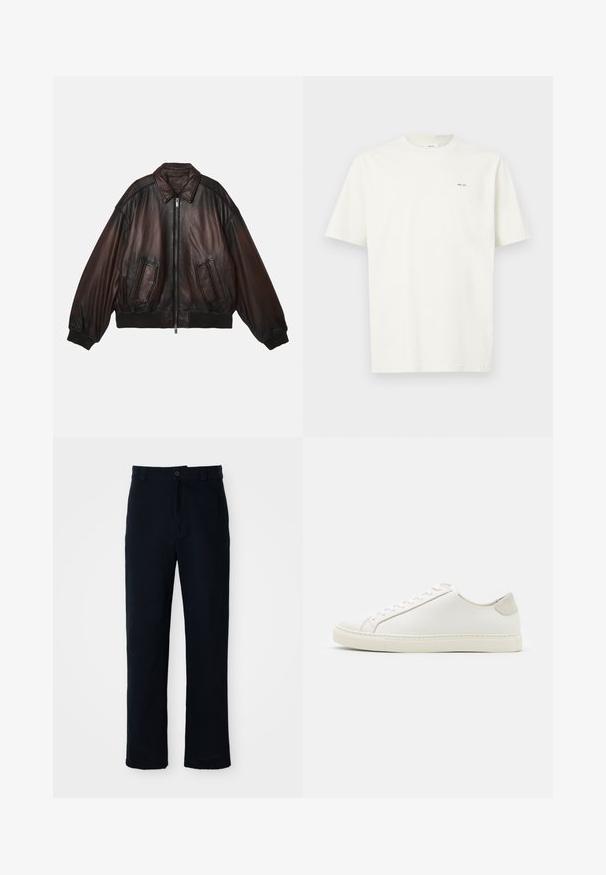 Bruine leren bomberjack met een rits aan de voorkant, geribbelde manchetten en zoom, twee voorzakken en gestructureerde schouders voor een relaxed fit.; Effen wit T-shirt met korte mouwen en kleine zwarte tekst "NN. 07" op de linkerkant van de borst, tegen een lichte achtergrond.; Marineblauwe broeken van katoen, met een recht model, een sluiting met een knoop aan de voorkant en een klassieke tailleband met riemlussen.; Witte leren sneaker met een gladde oppervlakte, ronde neus en minimalistisch ontwerp. Heeft beige accenten op de hiel en een rubberen zool.