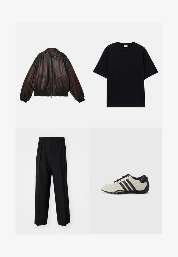 Smeđa kožna bomber jakna s patentnim zatvaračem sprijeda, rebrastim manžetama i rubom, dva prednja džepa i strukturiranim ramenima za opušteni izgled.; Crna kratka oversized majica s kratkim rukavima i okruglim izrezom, s vidljivom etiketom branda Filippa K unutar ovratnika.; Crne plisirane hlače s ravnim širokim nogavicama. Izrađene od glatkog materijala, s dugmadi za zatvaranje i petljama za remen.; Adidas sportska cipela s teksturiranom, svijetlo sivom gornjom i crnim kožnim detaljima. Sadrži crni logo s tri pruge i podstavljen đon.
