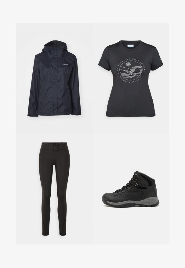 Sort vandtæt jakke med hætte, der har lynlåslukning foran, lange ærmer og logo på den øverste venstre side. Glat, let materiale.; Sort Columbia t-shirt med hvid cirkulær bjerg- og flodlinjekunst samt teksten "Columbia Sportswear Company Udenfor Siden 1938."; Sorte leggings med høj talje, snøre, glat tekstur og tætsiddende design. Har syningsdetaljer langs siderne.; Sort vandrestøvle med en mellem-højde design, der har en tekstureret overdel, grå detaljer og en holdbar gummisål med skridsikre klodser.