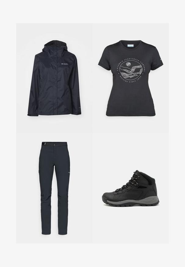 Zwarte waterdichte jack met een capuchon, voorzien van een rits aan de voorkant, lange mouwen en een logo op de bovenste linkerkant. Glad, lichtgewicht materiaal.; Zwarte Columbia t-shirt met witte cirkelvormige lijntekening van bergen en een rivier en de tekst "Columbia Sportswear Company Outside Since 1938."; Heren buitenbroeken, donkergrijs, gemaakt van flexibel materiaal, met een riem, ritszakken en verstevigde stiksels.; Zwarte wandelschoen met een mid-top ontwerp, voorzien van een gestructureerde bovenkant, grijze accenten en een duurzame rubberen zool met gripnoppen.
