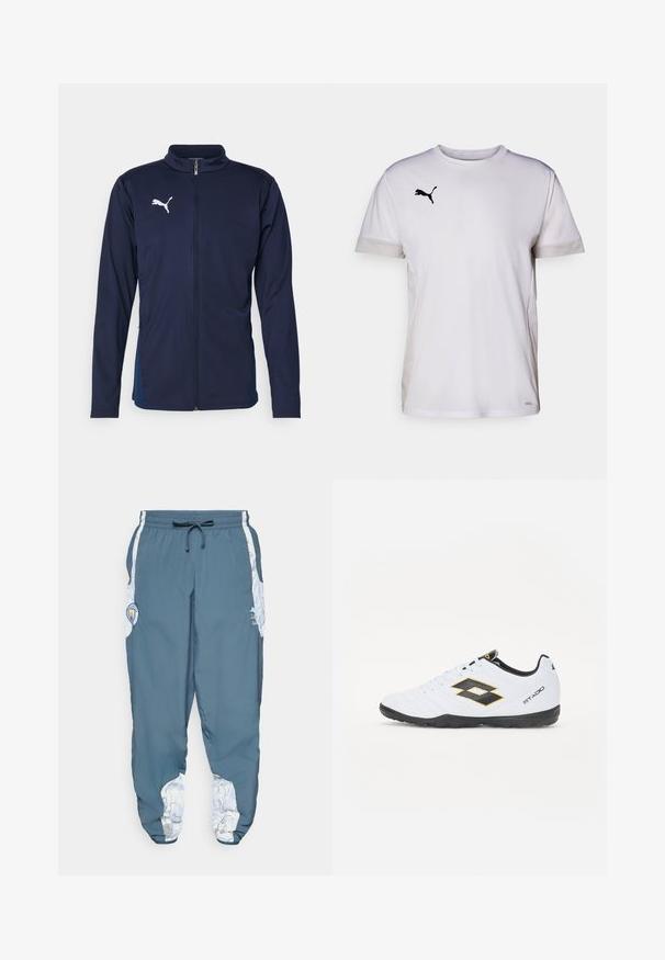 Casaco azul-marinho com colarinho alto, fecho completo e mangas compridas. Apresenta um logótipo branco da Puma no peito e detalhes de painéis laterais em contraste.; Camisola atlética branca de manga curta com decote redondo, apresentando detalhes em malha respirável nas laterais e um logo da Puma em preto no peito.; Calças de treino em tecido azul com cintura elástica e cordão. Os detalhes laterais apresentam um padrão branco. Inclui um patch com o logótipo da marca.; Sapatilhas brancas com detalhes em preto e amarelo, apresentando um cabedal texturizado, biqueira redonda e sola em borracha preta. O design inclui um detalhe de logótipo de lado.