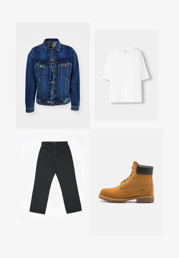 Lee RELAXED RIDER JACKET - Jachetă din denim - orchid blue; Tricou alb cu mânecă scurtă, confecționat din bumbac, cu un decolteu rotund și o croială lejeră. Textură netedă, fără modele sau accente vizibile.; Blugi negri, cu talie înaltă, drept și cu buzunare frontale, cu închidere prin buton, așezați pe un fundal alb.; Cizmă de gleznă din întoarsă de culoare bej, cu guler negru căptușit, ochiuri din metal auriu, detalii de cusătură albă și talpă din cauciuc robustă, cu un model pronunțat.
