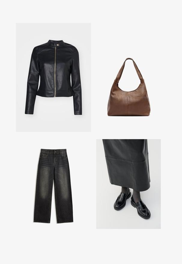 Vero Moda VMDIXIEMARIA SHORT COATED - Giacca in similpelle - black; Blusa con arricciatura in motivo a quadretti nei colori nero, bianco e beige. Collo e polsini a volant, maniche lunghe, vestibilità corta.; Jeans in denim nero a gamba larga con texture sbiadita, design a cinque tasche e cuciture a contrasto. Presentano chiusura a bottone e passanti per cintura.; Mocassini in pelle nera con una finitura liscia, dotati di una fascia decorativa, punta rotonda e suola texturizzata. Indossati con una lunga gonna in pelle nera.; Borsa a tracolla in pelle marrone con una forma morbida e arrotondata. Presenta una singola tracolla robusta e dettagli di cucitura discreti. Texture liscia.