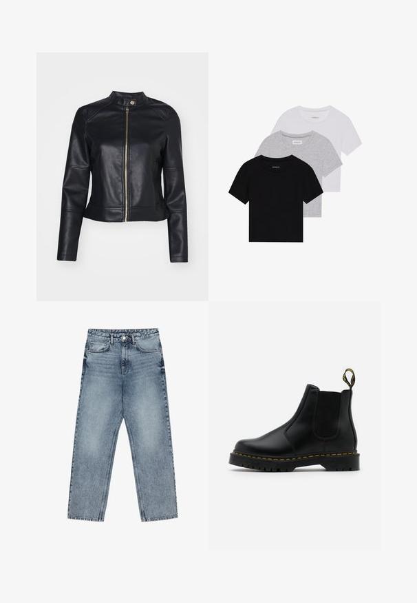 Vero Moda VMDIXIEMARIA SHORT COATED - Kunstnahast jakk - black; Kollektsioon kolm lühikese varrukaga T-särki mustas, hallis ja valges värvitoonis. Valmistatud puuvillast, ümmarguse kaelusega ja lihtsa, ühevärvilise disainiga.; Heledad sinine teksad sirge lõikega, nähtavate õmblustega, viie taskuga disain ja nupuga kinnitamine vööl.; Mustad mustad musta nahast Chelsea saapad elastsete külgpaneelidega, kollaste õmblustega ja tekstuuritud kummitaldadega. Omab tõmblukku kontsapanelil.