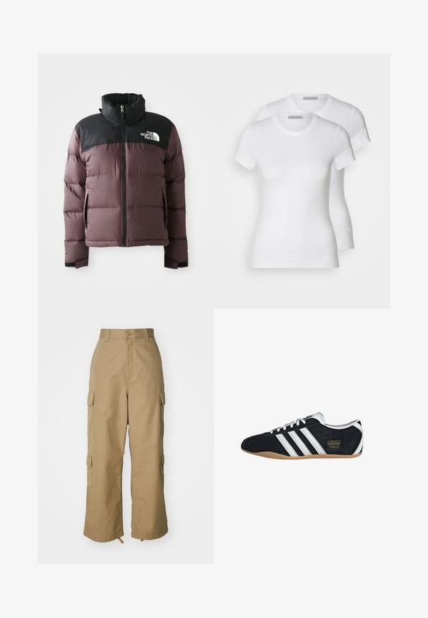Pufasta jakna u dvjema bojama, ljubičasta i crna, s prednjim zatvaračem i visokim ovratnikom, na crnoj gornjoj strani prsa s logom The North Face.; Dvije bijele pamučne majice kratkih rukava, s okruglim izrezima i uskim krojem, s glatkom teksturom i minimalističkim dizajnom.; Bež cargo hlače visokog struka, širokih nogavica i četiri velika bočna džepa. Napravljene su od izdržljivog materijala s glatkom teksturom i minimalnim detaljima.; Crne suede tenisice s bijelim tri pruga, zlatnim logotipom i smešnim gumene potplate. Imaju nisku pertla dizajn.