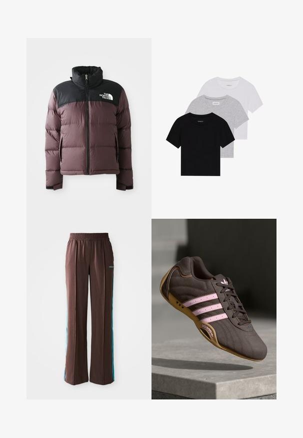Dvispalvė purpurinė ir juoda pūkinė striukė su priekiniais užtrauktukais ir aukšta apykakle, ant juodos viršutinės krūtinės dalies pažymėta "The North Face" logotipas.; Trijų trumpomis rankovėmis marškinėlių rinkinys juodos, pilkos ir baltos spalvos. Pagaminti iš medvilnės, turi apvalų iškirpimą ir paprastą, vientisos spalvos dizainą.; Rudos sportiniai kelniukai su raukšlėtu paviršiumi, elastinga juosta ir turkio spalvos šoninėmis juostelėmis. Priekyje yra adidas logotipas.; Rudos suedinės sportinės bateliai su rožinėmis juostelėmis ir logotipu, turintys tekstūruotą viršutinę dalį, raištelių uždarymą ir guminį padą.