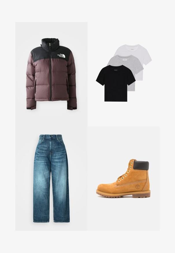 Dvoslojna purpurna in črna puffer jakna s sprednjim zadrgo in visokim ovratnikom, ki ima na črnem zgornjem prsnem delu logo The North Face.; Komplet treh majic s kratkimi rokavi v črni, sivi in beli barvi. Izdelane iz bombaža, z okroglim izrezom in preprostim, enobarvnim dizajnom.; Moške hlače z visokim pasom in širokimi nogavicami, v srednje modrem denimu, z bledenjem, tradicionalnim oblikovanjem žepov in zapiranjem na gumb.; Rjavi usnjeni gležnarji s črnim oblazinjenjem, zlatimi očesci in teksturiranim podplatom. Imajo okroglo logo na strani in šivane detajle.