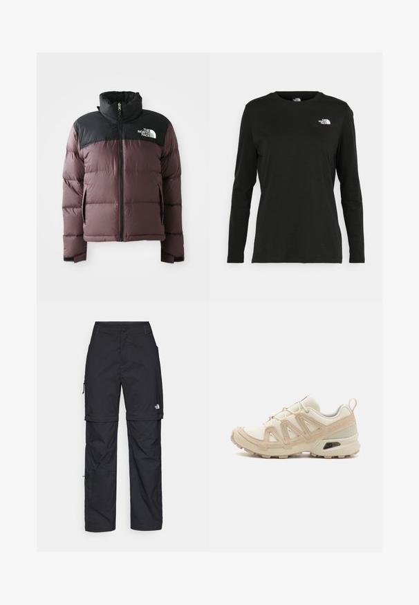 Tvåtonad lila och svart pufferjacka med dragkedja fram och hög krage, med The North Face-logotyp på den svarta övre bröstet.; Svart långärmad t-shirt i bomull med rund hals. Har en liten vit logotyp på vänster bröstområde. Enkelt design och passform.; Svarta nylonbyxor med avtagbara ben, justerbara muddar, flera fickor och en logotyp på högra benet. Slät, lätt textur.; Beige och krämfärgad atletisk sko med texturerad meshovandel, stöttande överdrag och gummisulor med ett mönster för grepp.