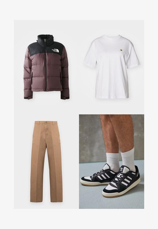Kaksitooniline lilla ja must paks jope esi lukuga ja kõrge kraega, millel on The North Face logo mustal ülemisel rinnal.; Valge puuvillane T-särk, millel on lõdva lõikega, lühikesed varrukad ja väike broderi logo vasakul rinnakarpi.; Pruunid puuvillased püksid sirge säärega, millel on nööpidega sulgumine, vööaasad ning minimalistlikud õmblused elegantseks ilme saavutamiseks.; Mustvalged ja valged spordijalatsid, mille pealmine osa on valmistatud suede'ist ja nahast. Kingadel on kolm valget riba, auguline varvas ja kummist tald.