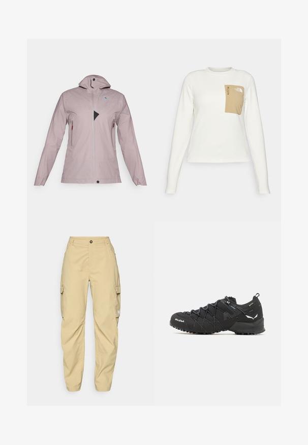 Lichtroze waterdichte jas met hoge kraag, volledige rits aan de voorkant, twee zakken met rits en een driehoekig zwart netaccent op de borst.; Witte longsleeve shirt gemaakt van een gestructureerde stof met een beige patch zak voorzien van een trekkoord en logo.; The North Face EXPLORATION CARGO PANTS - Outdoorbroeken - khaki stone; Zwarte wandelschoenen met een bovenkant van textuurstof, een vetersysteem en een robuuste rubberen zool. Verfraaid met reflecterende details en logo's.