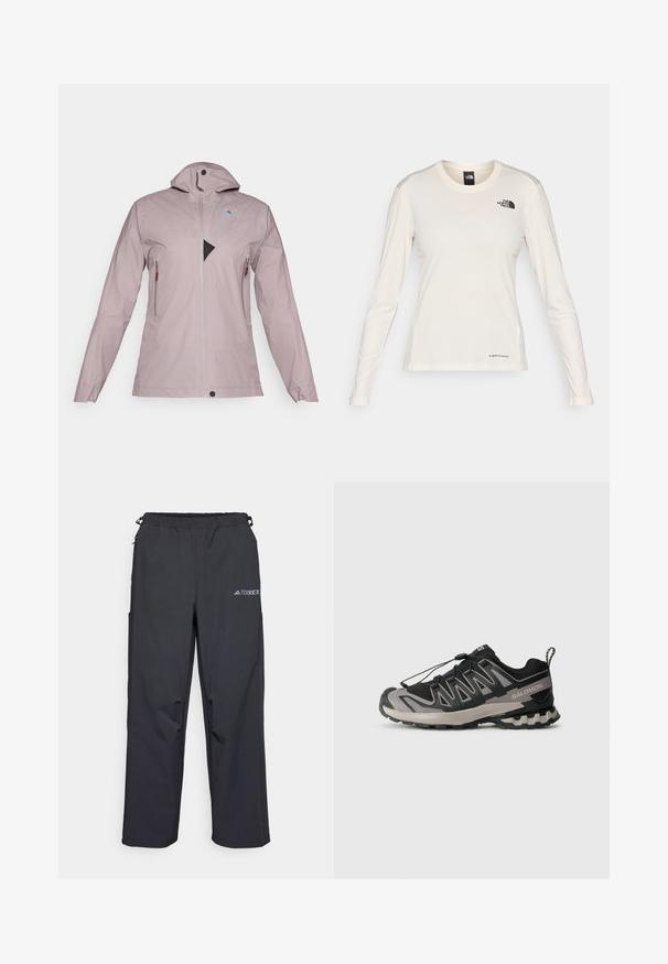 Chaqueta impermeable de color rosa claro con un collar alto, cremallera frontal completa, dos bolsillos con cremallera y un acento triangular de malla negra en el pecho.; The North Face SHADOW LONG SLEEVE - Camiseta de manga larga - white dune; Pantalones outdoor ligeros y negros con cintura elástica, bolsillos laterales y un logo en la parte superior de la pierna derecha. Tejido liso y resistente al agua.; Zapatilla deportiva negra y gris con parte superior de malla, suela de goma y sistema de cordones elásticos. Presenta una puntera reforzada y acentos texturizados.