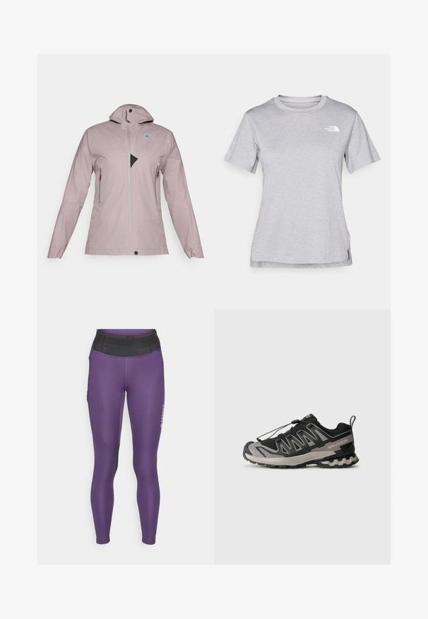 Lichtroze waterdichte jas met hoge kraag, volledige rits aan de voorkant, twee zakken met rits en een driehoekig zwart netaccent op de borst.; Grijze T-shirt met korte mouwen, gemaakt van zachte, vochtabsorberende stof. Heeft een ronde hals en een klein wit logo op de bovenste linkerzijde.; adidas Terrex Tights - aurora plum; Zwart en grijs sportieve schoen met een bovenwerk van mesh, rubberen zool en een elastisch vetersysteem. Heeft een verstevigde neus en textuuraccenten.