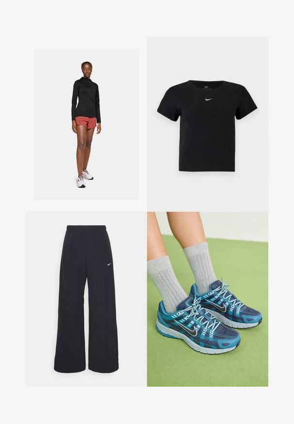 Giacca attiva nera a maniche lunghe, pantaloni sportivi rossi e sneakers bianche con lacci colorati. Mostra un design fitted e aerodinamico.; T-shirt nera a costine con maniche corte, dotata di un piccolo logo Nike bianco sul petto e scollatura rotonda.; Pantaloni neri a gamba larga con cintura elastica e un piccolo logo Nike bianco. Il tessuto ha una texture liscia, progettata per il comfort e l'abbigliamento casual.; Scarpe sportive blu e verde acqua con tomaia in mesh, punta rinforzata, design con lacci e suola bianca. Abbinate a calze grigie a coste su una superficie verde.