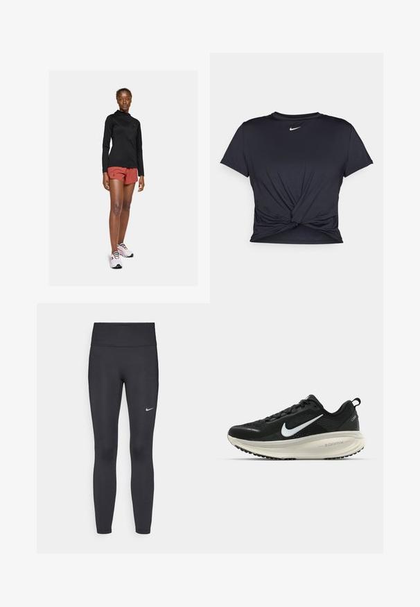 Black long-sleeve active jacket, red athletic shorts, and white sneakers with colorful laces. Shows a fitted, streamlined design.; Black athletic t-shirt made of smooth fabric, featuring a knotted front design and a small white Nike logo on the chest.; Black leggings made of stretchy fabric, featuring a high waistband and a white Nike logo on the left thigh. Smooth texture, form-fitting design.; Black Nike running shoe with breathable mesh upper, white swoosh logo, textured detailing, and a cream-colored ZoomX midsole.