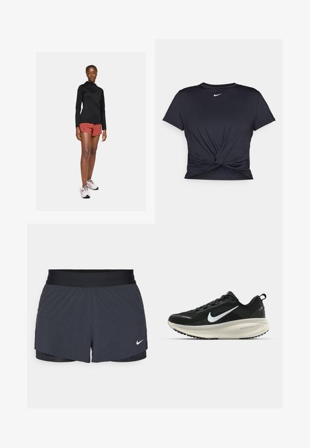 Zwarte lange mouwen actieve jas, rode sportshorts en witte sneakers met kleurrijke veters. Toont een strakke, gestroomlijnde uitstraling.; Zwarte sportieve T-shirt van gladde stof, met een geknoopt ontwerp aan de voorkant en een klein wit Nike-logo op de borst.; Zwarte sportshorts met een elastische tailleband, met een gelaagd ontwerp en een klein wit Nike-logo aan de onderkant links. Lichtgewicht materiaal.; Zwarte Nike hardloopschoen met ademend mesh bovenwerk, witte swoosh-logo, gestructureerde details en een crèmekleurige ZoomX middenzool.