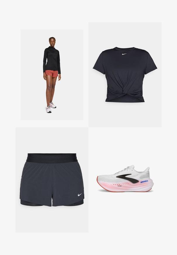 Veste active à manches longues noire, shorts de sport rouges et baskets blanches avec des lacets colorés. Montre un design ajusté et aérodynamique.; T-shirt de sport noir en tissu lisse, avec un design avant noué et un petit logo Nike blanc sur la poitrine.; Shorts de sport noirs avec une taille élastique, dotés d'un design superposé et d'un petit logo Nike blanc en bas à gauche. Matière légère.; Chaussure de course avec une tige en maille blanche, accent latéral noir, semelle rose et blanche, et semelle rouge. Comprend un col rembourré et des textures complexes.