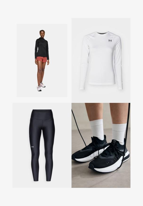 Svart långärmad aktiv jacka, röda atletiska shorts och vita sneakers med färgglada snören. Visar en åtsittande, strömlinjeformad design.; Vit långärmad träningströja i mjukt tyg, med rundad halsringning och svart logotyp på övre vänstra bröstet.; Svarta leggings i ett smidigt, stretchigt material med hög midja. Har en vit logotyp på vänstra låret och en åtsittande design.; Svarta sportskor med texturerat tyg, vit sula och svarta snören. Bärs med vita reglerade strumpor, stående på en ljus yta.