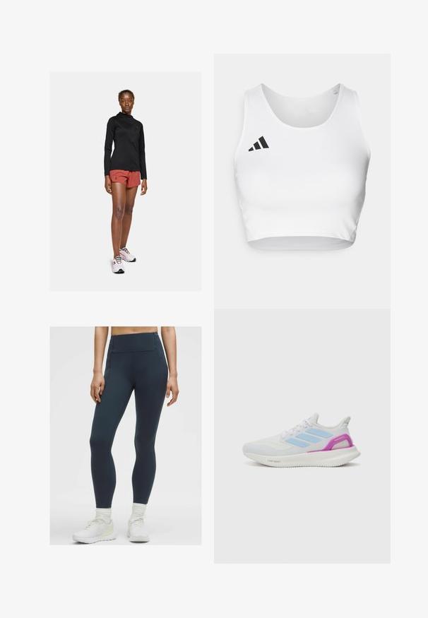 Musta pitkähihaiseksi aktiivisjakuksi, punaisiksi urheiluhousuiksi ja valkoisiksi lenkkareiksi, joissa on värikkäät nauhat. Näyttää istuvalta ja virtaviivaiselta.; Valkoinen urheilu crop-top, joka on valmistettu sileästä kankaasta, jossa on pyöreä kaula-aukko ja musta logo-elementti vasemmalla puolella.; Korkeavyötäröiset, tummansiniset legginsit, jotka on valmistettu joustavasta ja sileästä kankaasta, jossa on litteät saumat eikä näkyviä taskuja, yhdistettynä valkoisiin urheilujalkineisiin.; adidas Performance PUREBOOST 5 - Katujuoksukengät - white/glow blue/purple burst