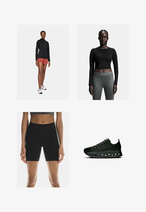 Černá dlouhá sportovní bunda, červené sportovní šortky a bílé tenisky s barevnými tkaničkami. Ukazuje štíhlý, aerodynamický design.; Černý crop top s dlouhým rukávem v kombinaci s užšími tmavě šedými legínami. Top má jednoduchý design; legíny mají boční švy a hladký povrch.; On PERFORMANCE - Běžecké legíny - black; On CLOUDSURFER MAX - Silniční běžecké boty - black eclipse