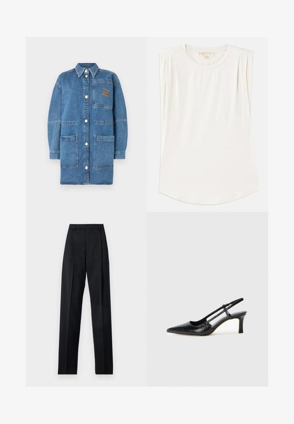 Denim vanjsku odjeću u svijetlo plavoj boji, s ovratnikom, dugim rukavima, kopčanjem na snap gumbe i džepom na prsima s kontrastnim šavovima.; Bijela bezrukavna majica od glatke tkanine, s okruglim izrezom i suptilnim plitkim nabranjima na ramenima, s zakrivljenim donjim rubom.; Crne hlače od glatkog materijala s visokim strukom, širokim nogavicama, prednjim pregibima i klasičnim petljama za remen. Nema vidljivih bočnih džepova.; Crne lakirane slingback pete s oštrim vrhom, s teksturiranim uzorkom zmijske kože, podesivom remenom i kratkom, teksturiranom blok-petom.