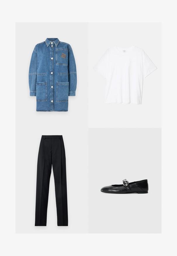 Denim vanjsku odjeću u svijetlo plavoj boji, s ovratnikom, dugim rukavima, kopčanjem na snap gumbe i džepom na prsima s kontrastnim šavovima.; Bijela pamučna majica s kratkim rukavima, okruglim izrezom, opuštenim krojem i šivenim rubom. Etiketa je vidljiva na unutarnjoj strani vrata.; Crne hlače od glatkog materijala s visokim strukom, širokim nogavicama, prednjim pregibima i klasičnim petljama za remen. Nema vidljivih bočnih džepova.; Crne kožne baletanke s špicastim nosom, s remenom s okruglom metalnom kopčom i ravnim potplatom.