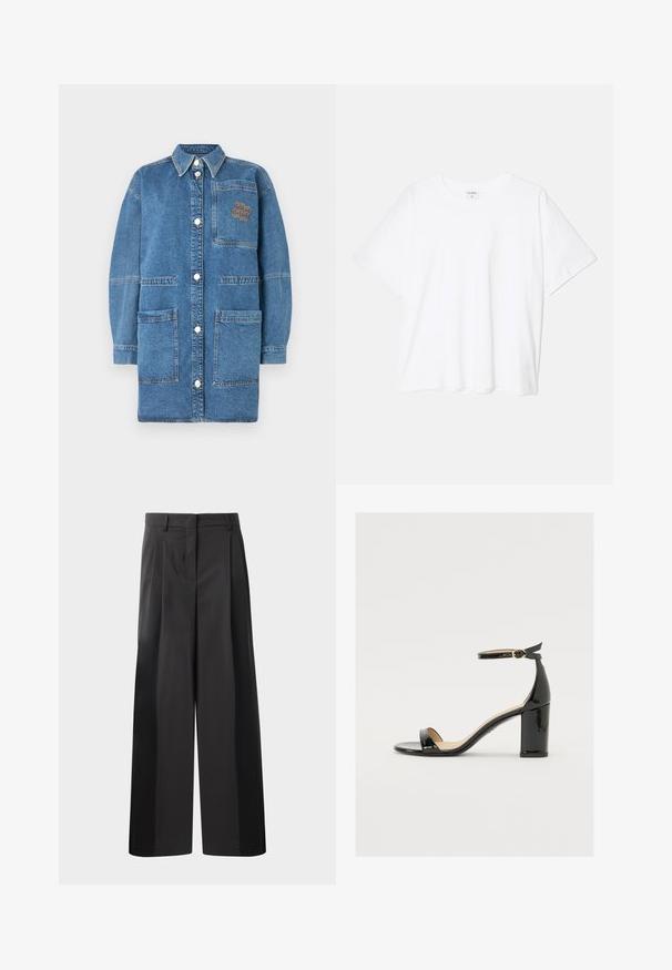 Denim vanjsku odjeću u svijetlo plavoj boji, s ovratnikom, dugim rukavima, kopčanjem na snap gumbe i džepom na prsima s kontrastnim šavovima.; Bijela pamučna majica s kratkim rukavima, okruglim izrezom, opuštenim krojem i šivenim rubom. Etiketa je vidljiva na unutarnjoj strani vrata.; Crne široke hlače s visokim strukom, s prednjim nabranim detaljima, glatkom teksturom i krojenim završetkom. Dizajnirane za opušteni kroj.; Crne lakirane sandale s širokim potpeticama, otvorenim prstima i remenom oko gležnja s zlatnom kopčom. Glatka tekstura i elegantan dizajn.