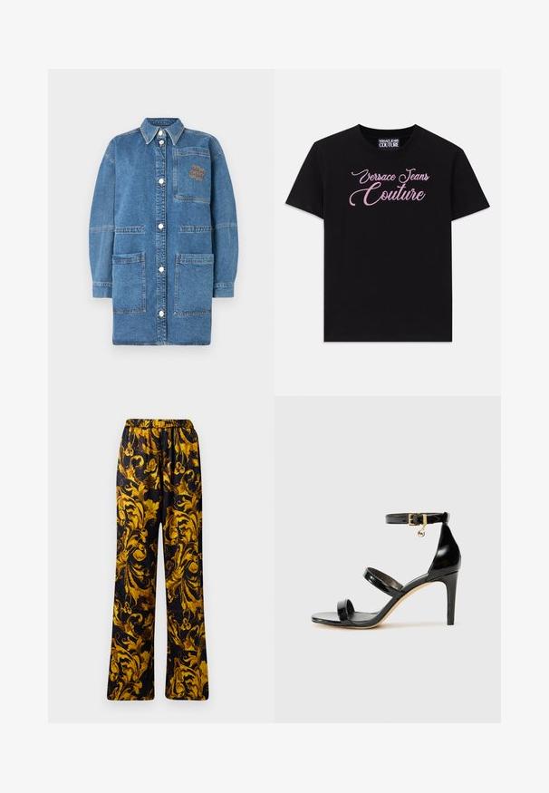 Denim zunanjih oblačil v svetlo modri barvi, z ovratnikom, dolgimi rokavi, gumbki na pritisk ter prsno žepom s kontrastnimi šivi.; Črna bombažna majica s kratkimi rokavi, ki ima na prsih okrašeno besedilo "Versace Jeans Couture" s roza kamni.; Črne hlače z okrasnim zlatim cvetličnim vzorcem, ki imajo elastiko v pasu in širok kroj. Gladka tekstura, lahka tkanina.; Črne lakirane sandale s tremi trakovi, zaponko okoli gležnja in 10-centimetrsko stiletto peto. Imajo detajle iz zlatega kovanja in logotipni čar.