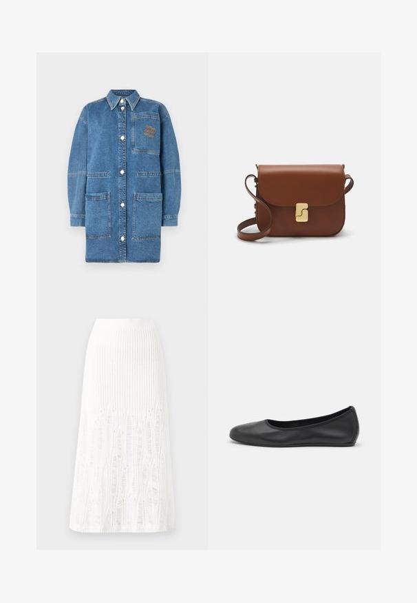 Casaco de denim em azul claro, apresentando um colarinho, mangas longas, botões de pressão e um bolso no peito com detalhes de costura em contraste.; T-shirt de manga curta branca feita de tecido canelado. Decote redondo, ajuste regular e detalhes de costura subtis. Sem padrões ou gráficos.; Saia midi branca de malha com um padrão texturizado com linhas verticais e detalhes recortados perto da bainha. Cintura elástica. Material suave.; Bailarina preta em pele com bico arredondado, textura suave, detalhe de costura minimalista e design de sola flexível.; Bolsa de couro castanho com fecho de aba, decoração em tom dourado, alça de ombro e textura suave. Formato retangular compacto.