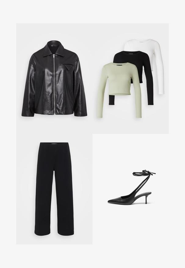 Črna usnjena jakna s ovratnikom, sprednjim zadrgo in enim žepom na prsih. Ima gladko teksturo in nekoliko prevelik dizajn.; Even&Odd Petite 3 PACK - Majica z dolgimi rokavi - black/white/light green; Črne široke hlače s elastičnim pasom. Narejene iz teksturiranega materiala, se ponašajo z ohlapnim krojem in ravnim rezom od kolkov do roba.; Črne usnjene stiletto čevlje z ostrim nosom, odprtim hrbtom in zankami za gleženj, vezanimi v pentljo. Tanek 3-palčni pet. Gladka textura, minimalistična zasnova.