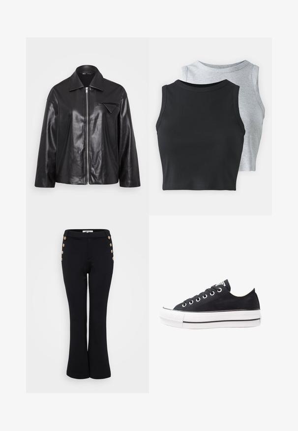 Juoda odinė striukė su apykakle, priekiniais užtrauktukais ir viena krūtine kišene. Pasižymi lygiu paviršiumi ir šiek tiek per dideliu dizainu.; Even&Odd Petite 2 PACK - Viršus - light grey/black; Juodi plačios kelnės, pagamintos iš lygaus audinio, su auksiniais mygtukais prie liemenio, suteikiančiais stiliaus akcentą, ir prigludusia siluetu.; Juodas drobės sportbačių modelis su baltu gumuotu padu, apvalia nosimi, žemo profilio dizainu, metalinėmis akytėmis ir tekstūruotu priekiniu kraštu. Plona juoda juostelė palei padą.