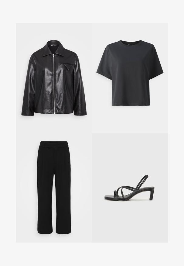 Fekete bőrdzseki gallérral, elöl cipzárral és egyetlen mellzsebbel. Simaság jellemzi, és enyhén oversized szabású.; Fekete pamut póló, rövid ujjú, kerek nyakkivágású, laza szabású, sima textúrájú, egyszerű design, minta vagy kiegészítők nélkül.; Fekete, bőszárú nadrág sima anyagból, lapos elülső résszel, övhurkokkal és látható zsebek nélkül. Tiszta, igényesen szabott dizájn.; Fekete pántos szandál négyzetes orral és alacsony blokk sarkal. Több vékony pánttal és állítható boka pánttal rendelkezik. Sima bőrből készült.